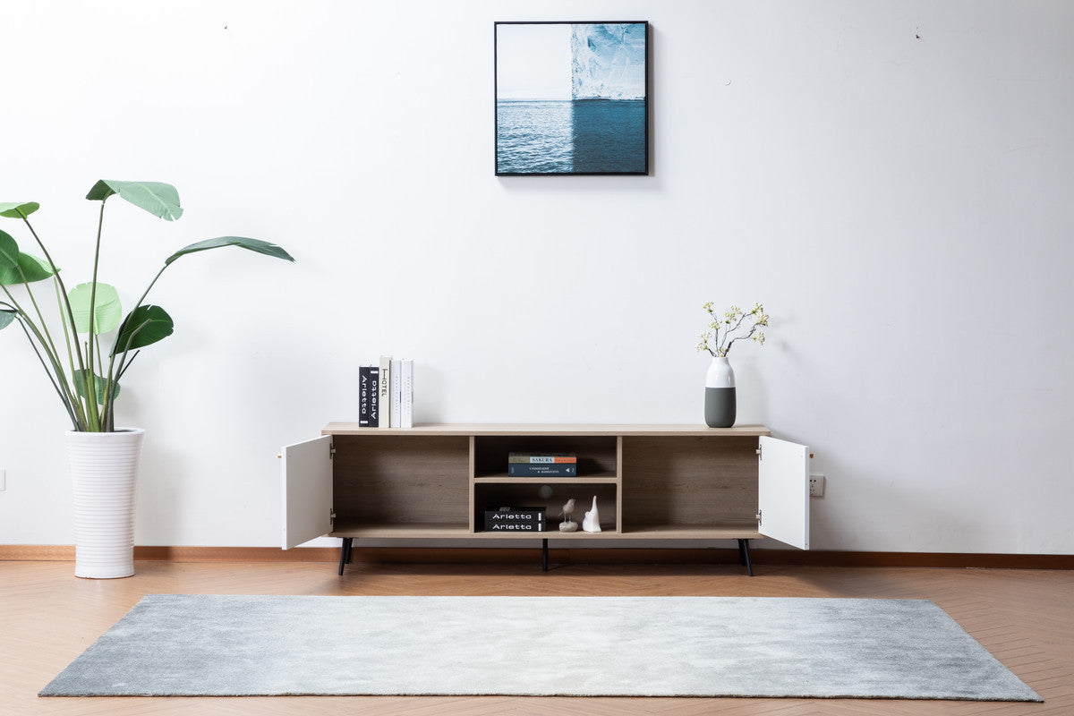 Aurora Light Brown Wood Finish TV Stand with 2 White Cabinets and Adjustable Shelves