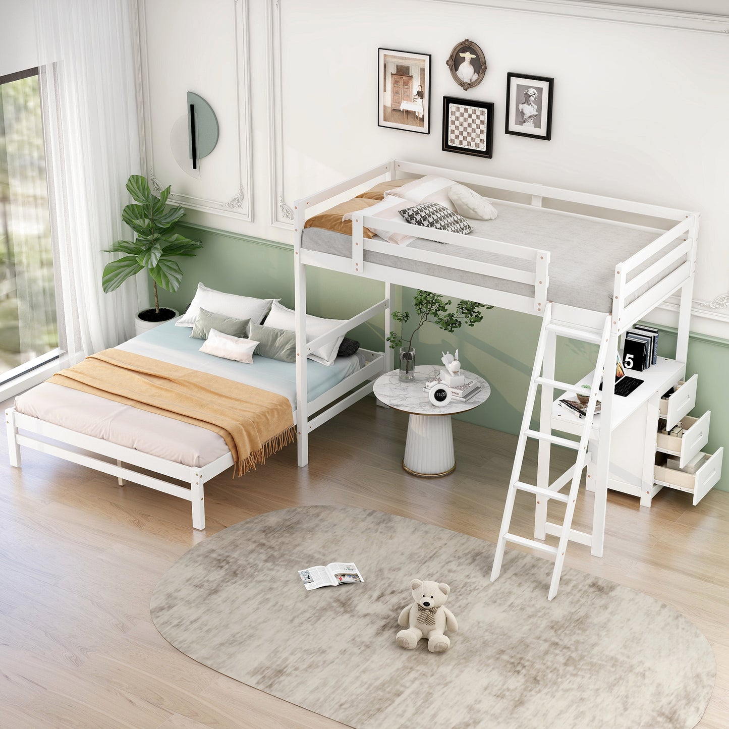 White Loft Bunk Bed with Built-in Desk and Storage