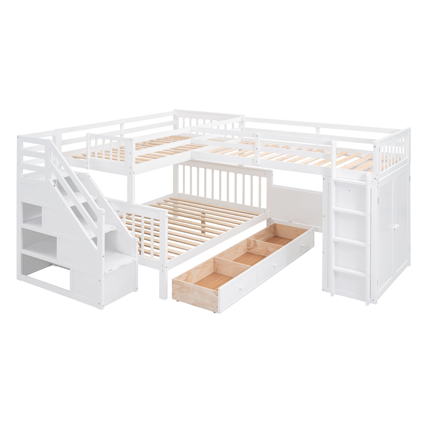 L-Shaped Bunk Bed Set with Desks, Wardrobe, Drawers, White - Space-Saving Sleepover Solution