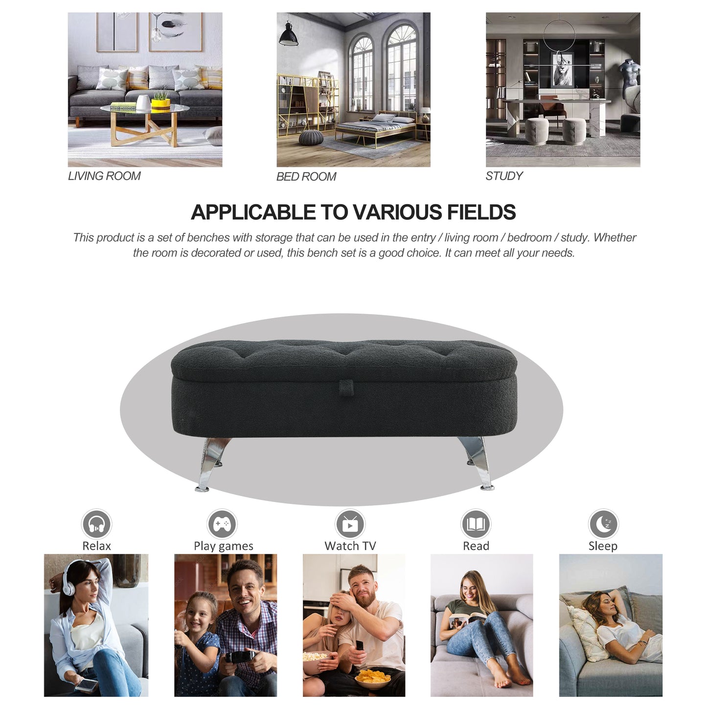 [Video] Welike Length 45.5 inches Storage Ottoman Bench Upholstered Fabric Storage Bench End of Bed Stool with Safety Hinge for Bedroom, Living Room, Entryway, Black teddy.