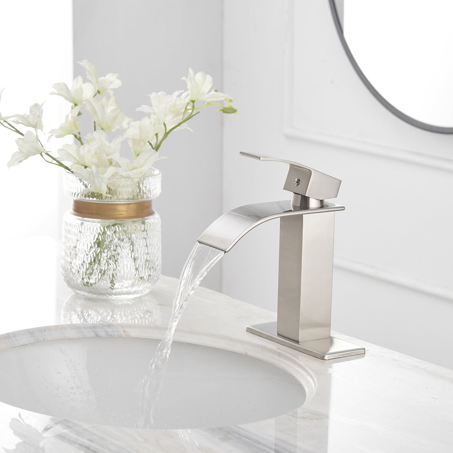 Brushed Nickel Waterfall Bathroom Faucet With Single-Handle Operation