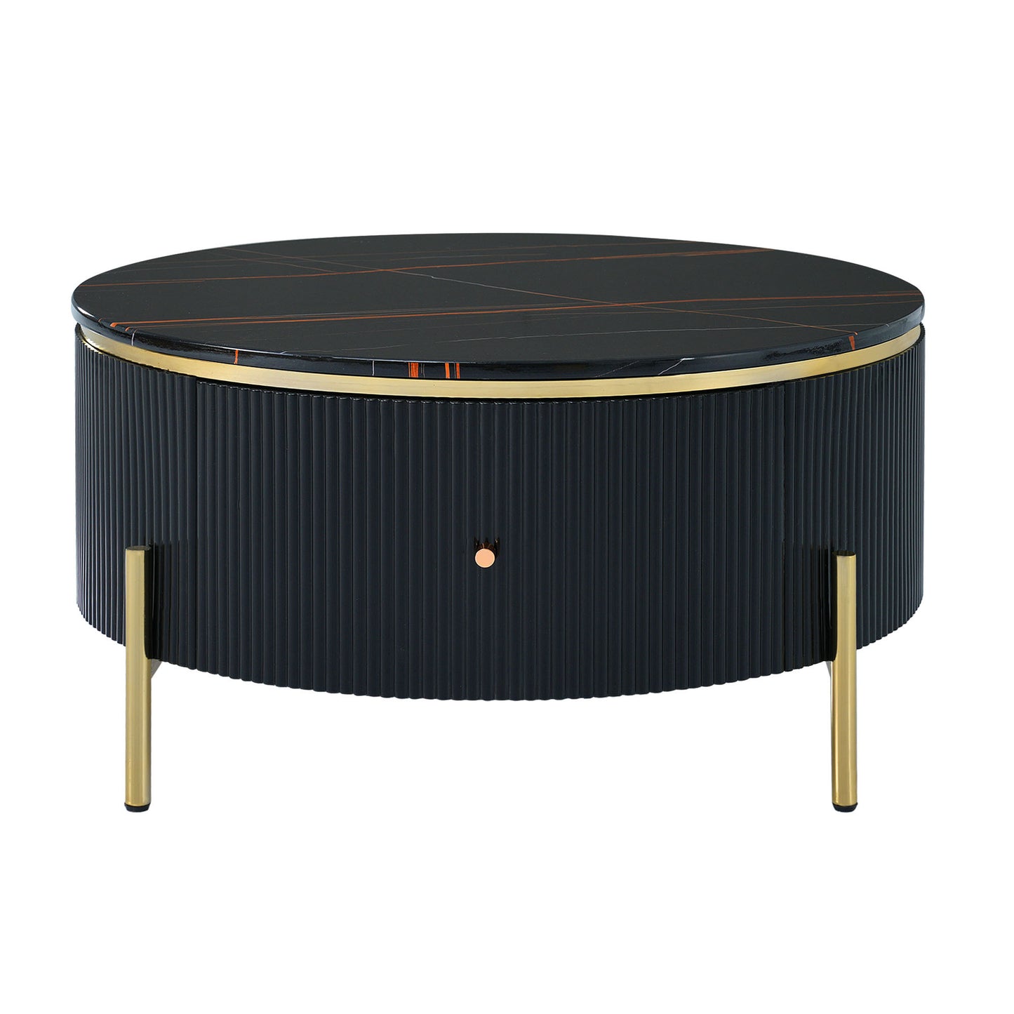 Contemporary Round Coffee Table with 2 Spacious Drawers and Marble Patterned Top