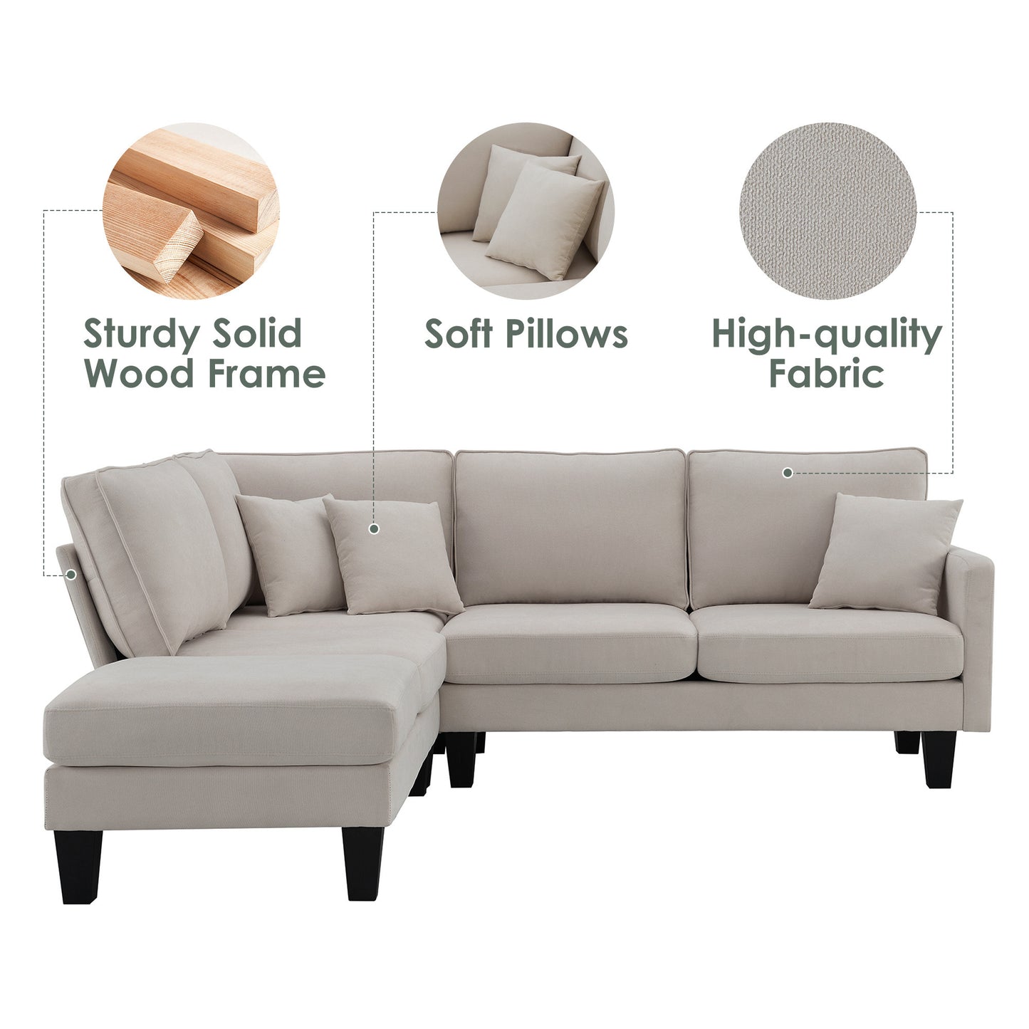 Terrycloth Minimalist L-Shaped Sectional Sofa with Chaise Lounge