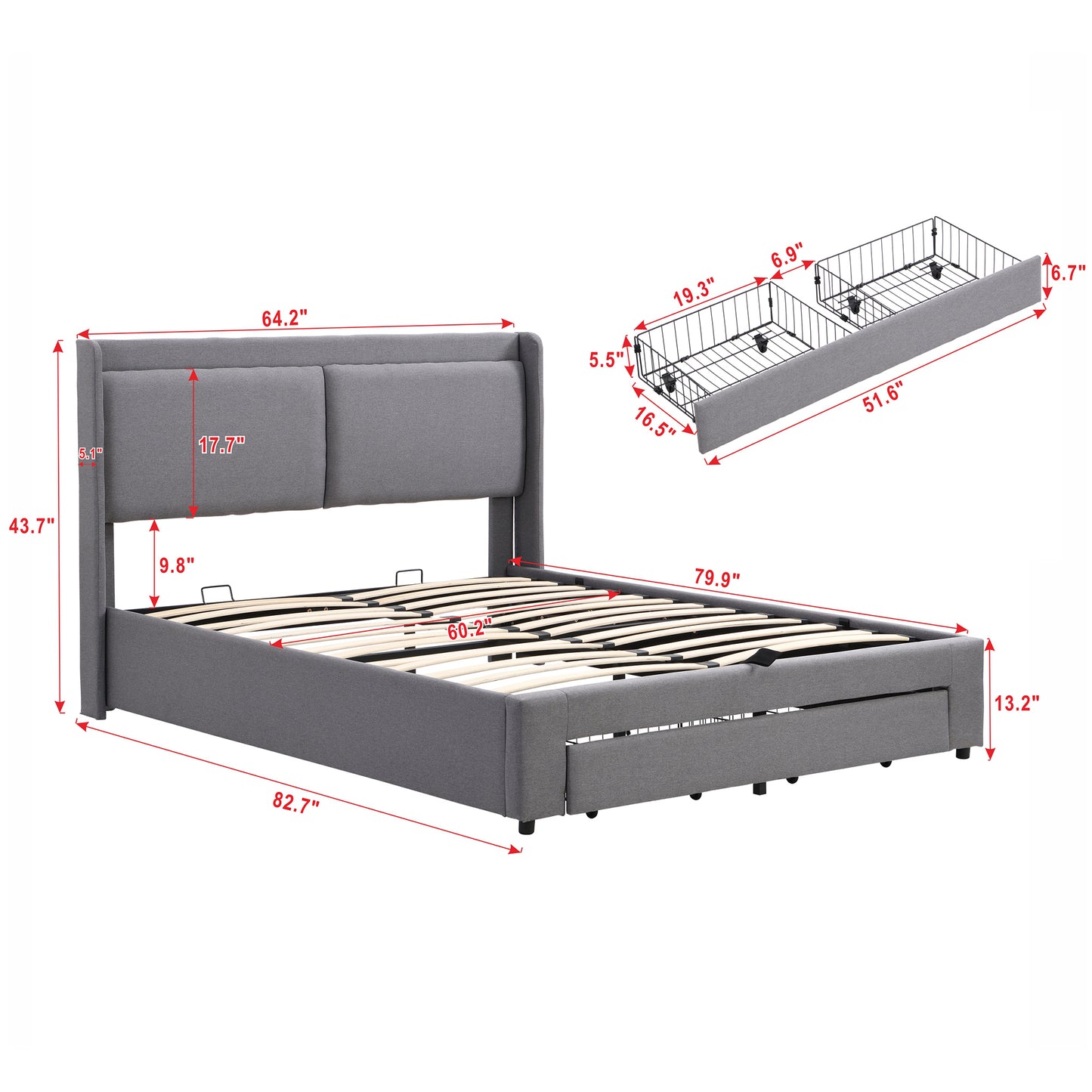 Queen Size Storage Upholstered Hydraulic Platform Bed with 2 Drawers, Gray