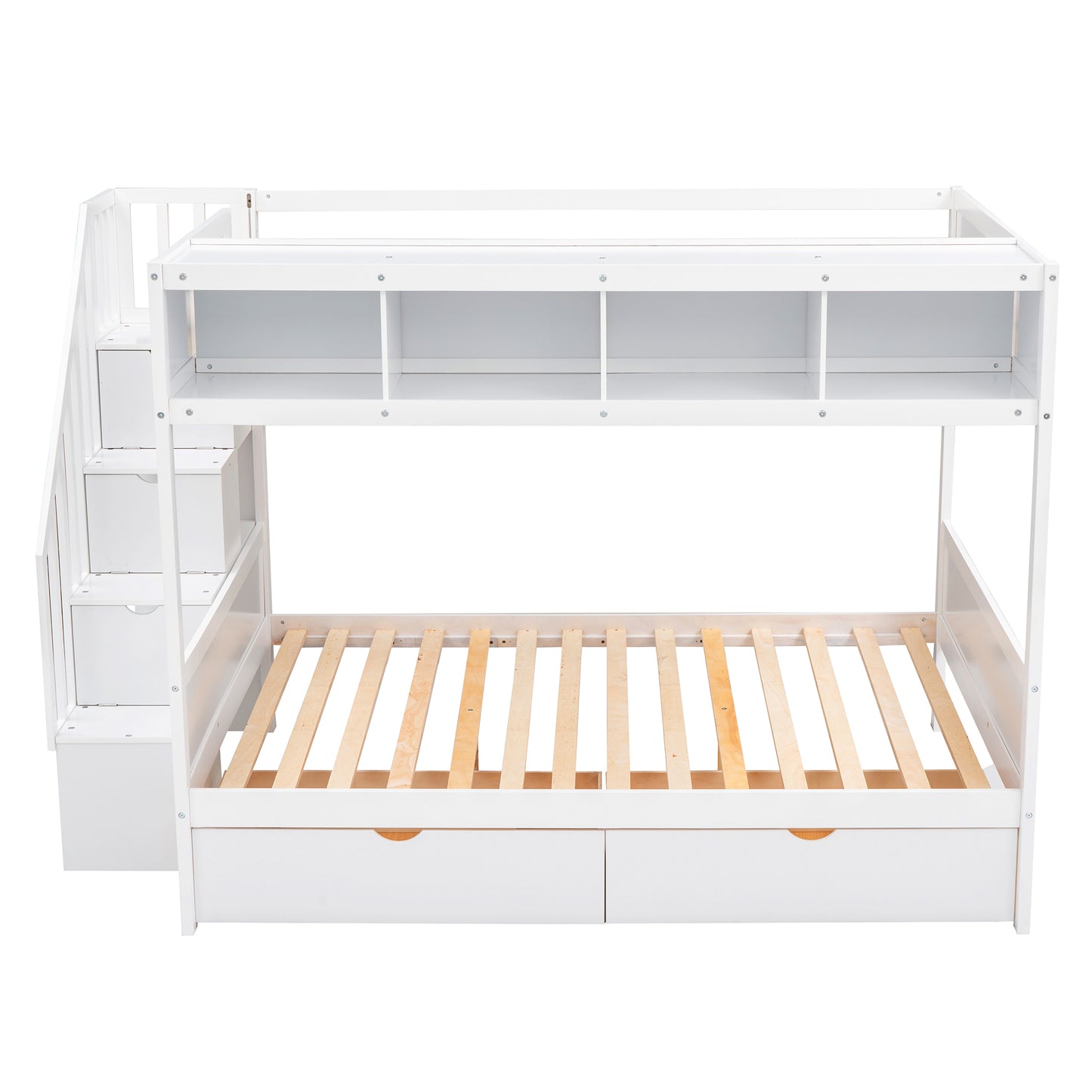 Versatile White Bunk Bed with Shelves, Storage Staircase, and Drawers