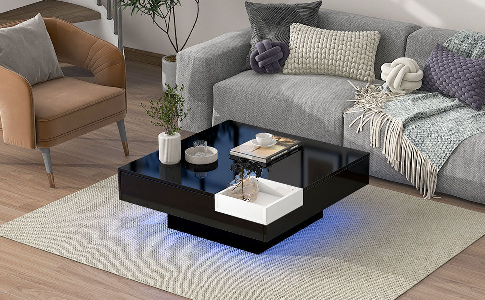 Chic Minimalist Square Coffee Table with LED Strip Lights and Tray