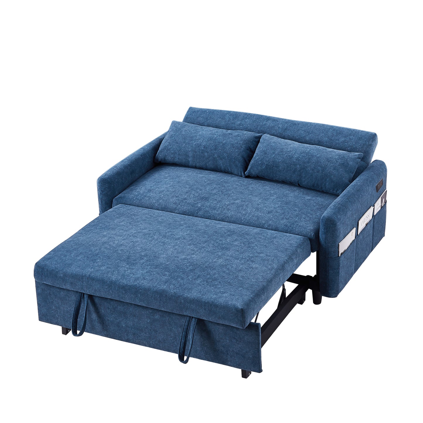 55.1 Blue Pull Out Sleeper Loveseat Sofa Bed with Adjustable Backrest and USB Ports