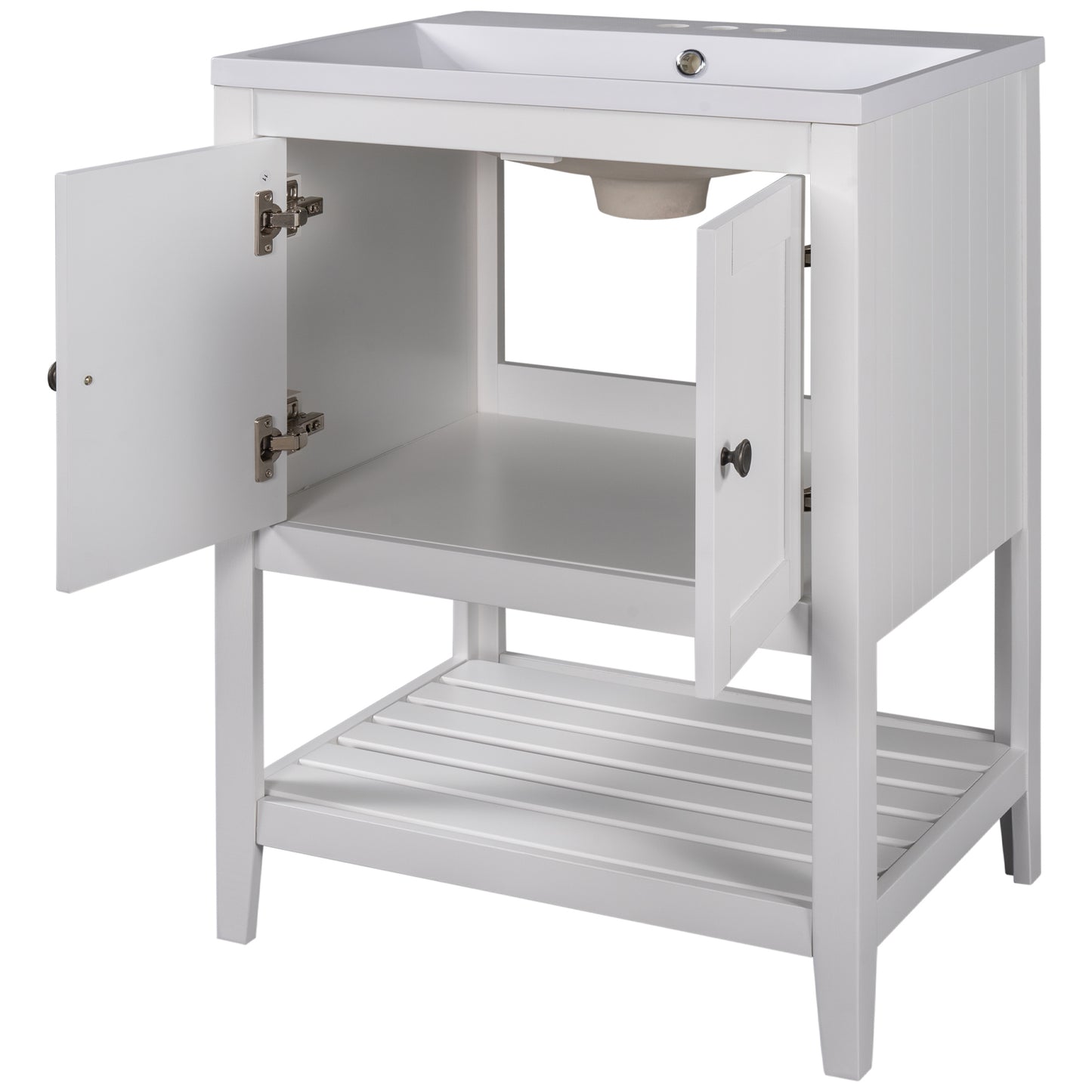 24" White Modern Sleek Bathroom Vanity Elegant Ceramic Sink with Solid Wood Frame Open Style Shelf