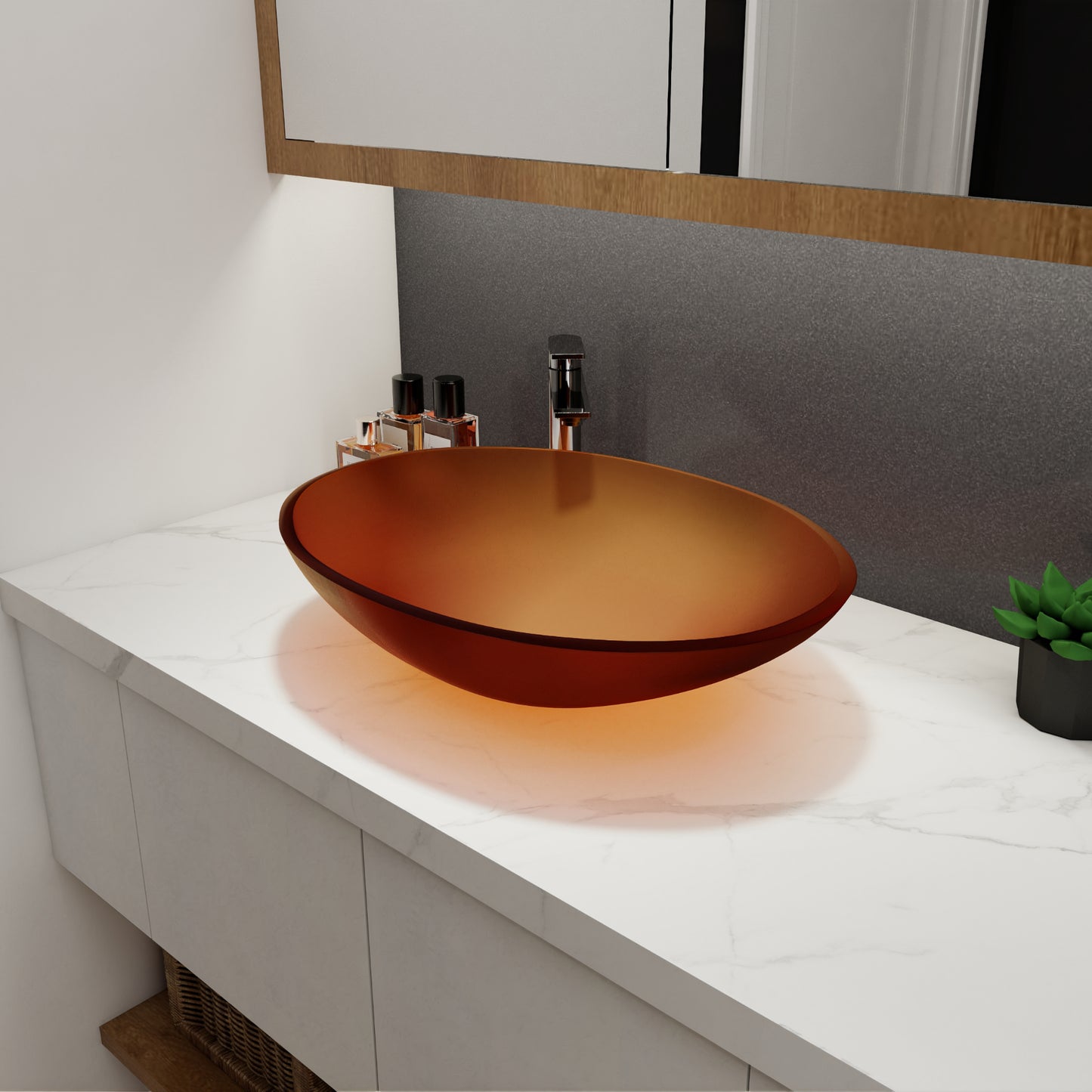 Tempered Glass Matte Bathroom Vessel Sink, Oval Bathroom Basin (Tempered Glass Matt Tea)