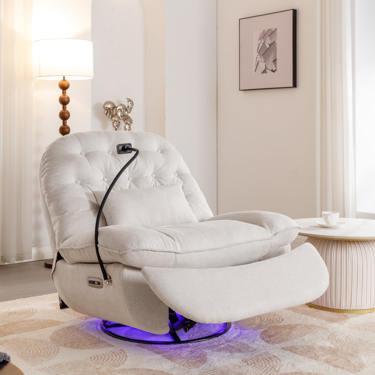 Smart Beige Power Recliner with Swivel, Voice Control, Bluetooth, USB Ports, Atmosphere Lamp, and Mobile Phone Holder