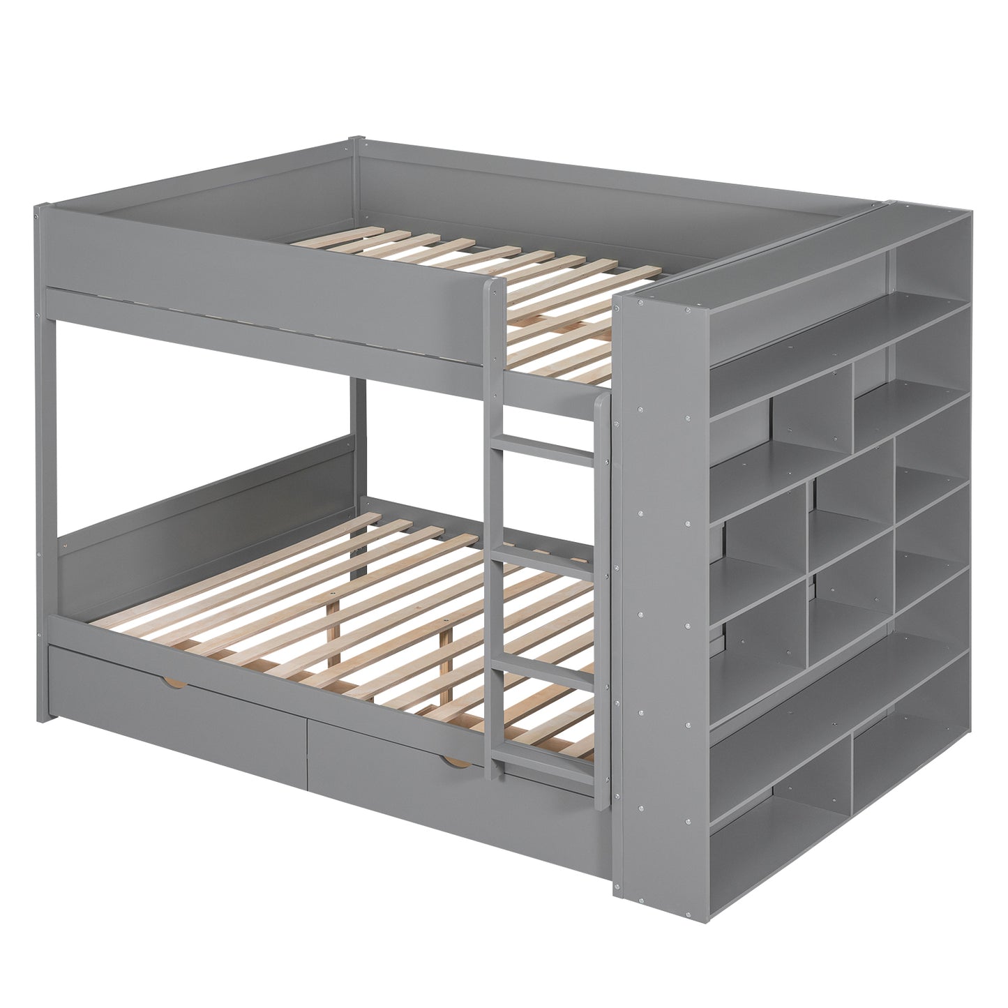 Gray Full over Full Bunk Bed with Storage Drawers and Cabinet for Kids