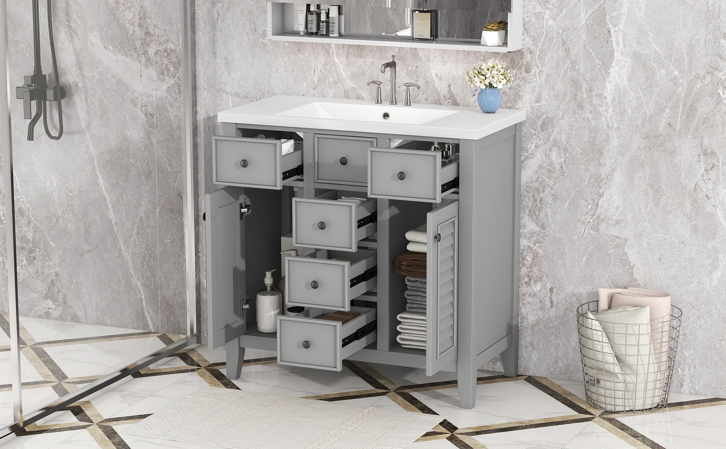 36" Bathroom Vanity with Ceramic Basin, Two Cabinets and Five Drawers, Solid Wood Frame, Grey