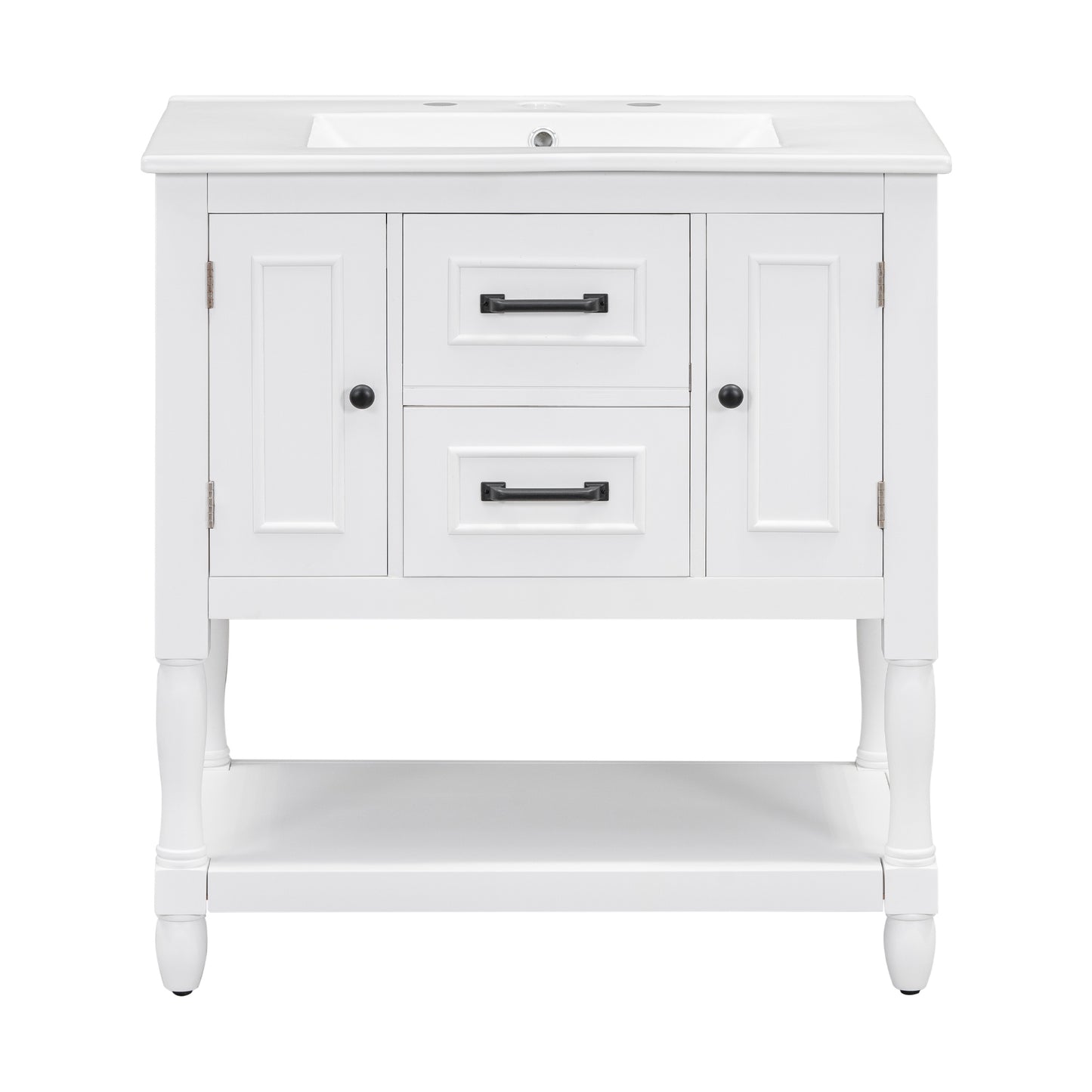 30" Bathroom Vanity with Sink Top, Bathroom Vanity Cabinet with Two Doors and Two Drawers, Solid Wood Frame, One Package, White