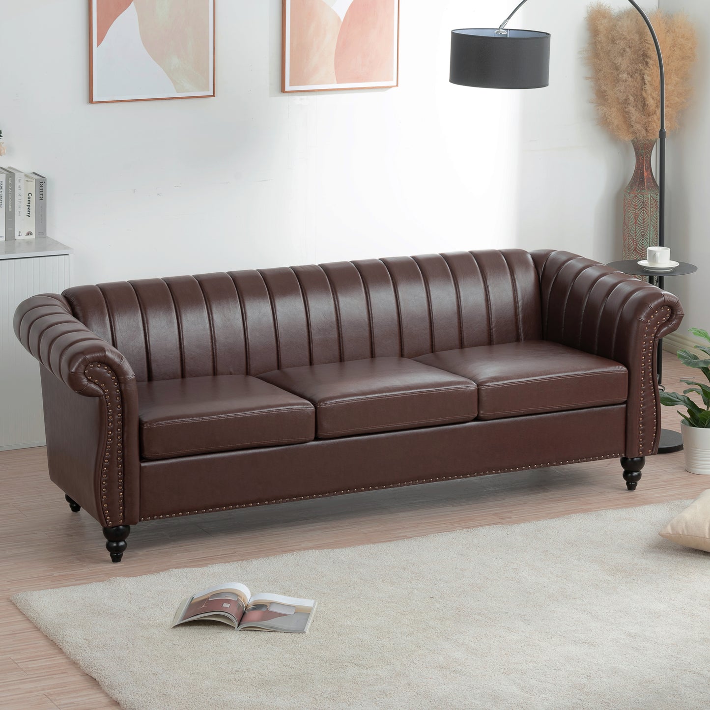 Luxurious Brown PU Rolled Arm Chesterfield Three Seater Sofa - 83.46''