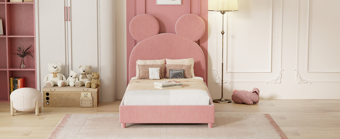 Twin Size Upholstered Platform Bed with Bear Ear Shaped Headboard, Pink