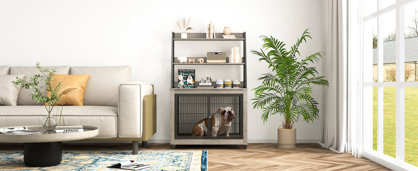 Furniture style dog crate side table with shelves, equipped with double doors and a raised roof. Grey, 38.58 ''w x 25.5 ''d x 57 ''h