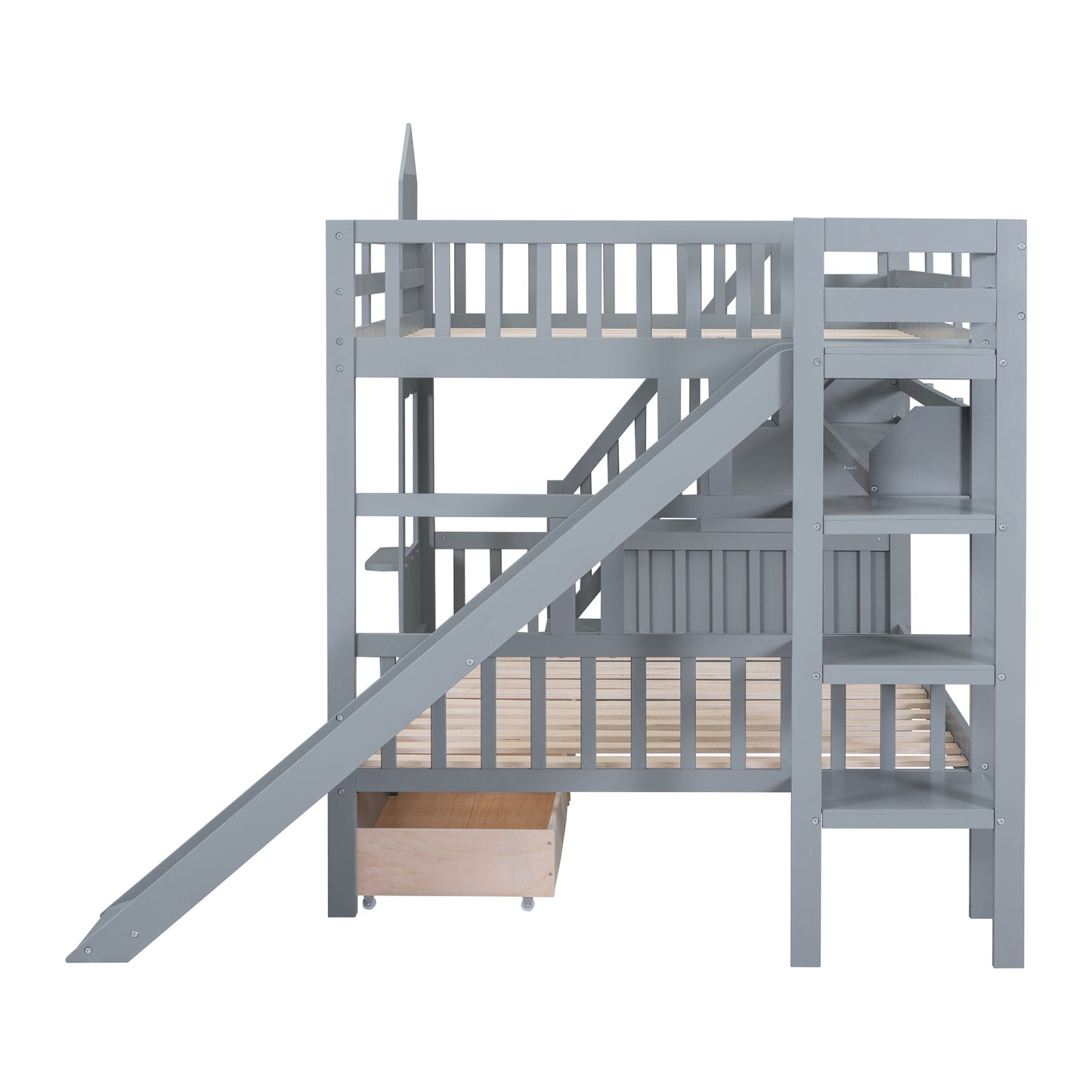 Castle Loft Bunk Bed with Slide, Drawers, and Shelves - Gray: Magical Castle Style Loft Bed with Slide, Drawers, and Shelves