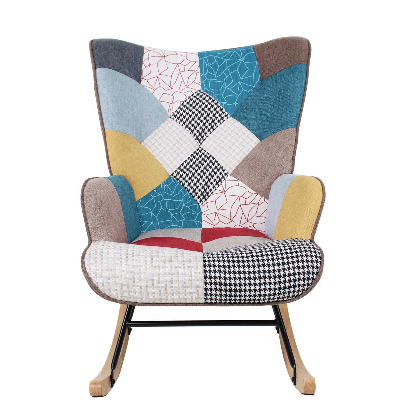 Rocking Chair with ottoman, Mid Century Fabric Rocker Chair with Wood Legs and Patchwork Linen for Livingroom Bedroom