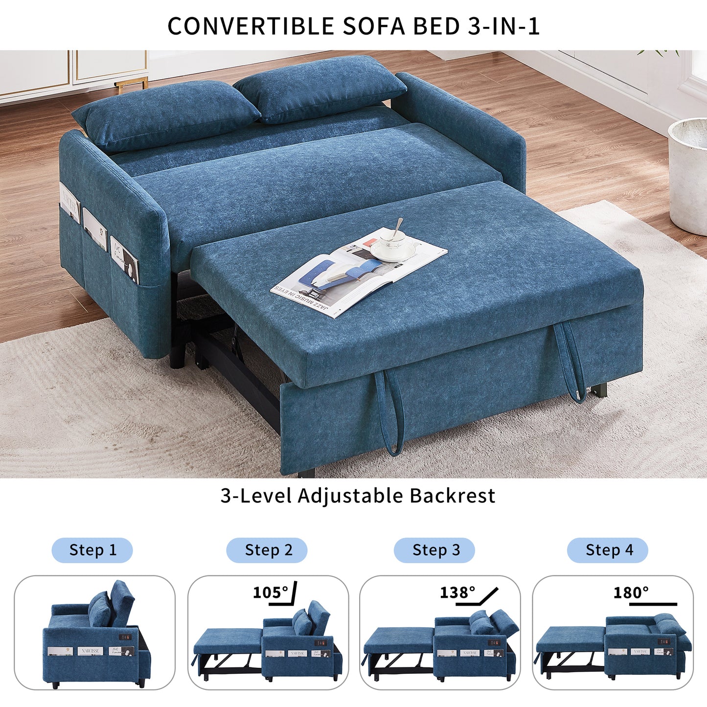 55.1 Blue Pull Out Sleeper Loveseat Sofa Bed with Adjustable Backrest and USB Ports