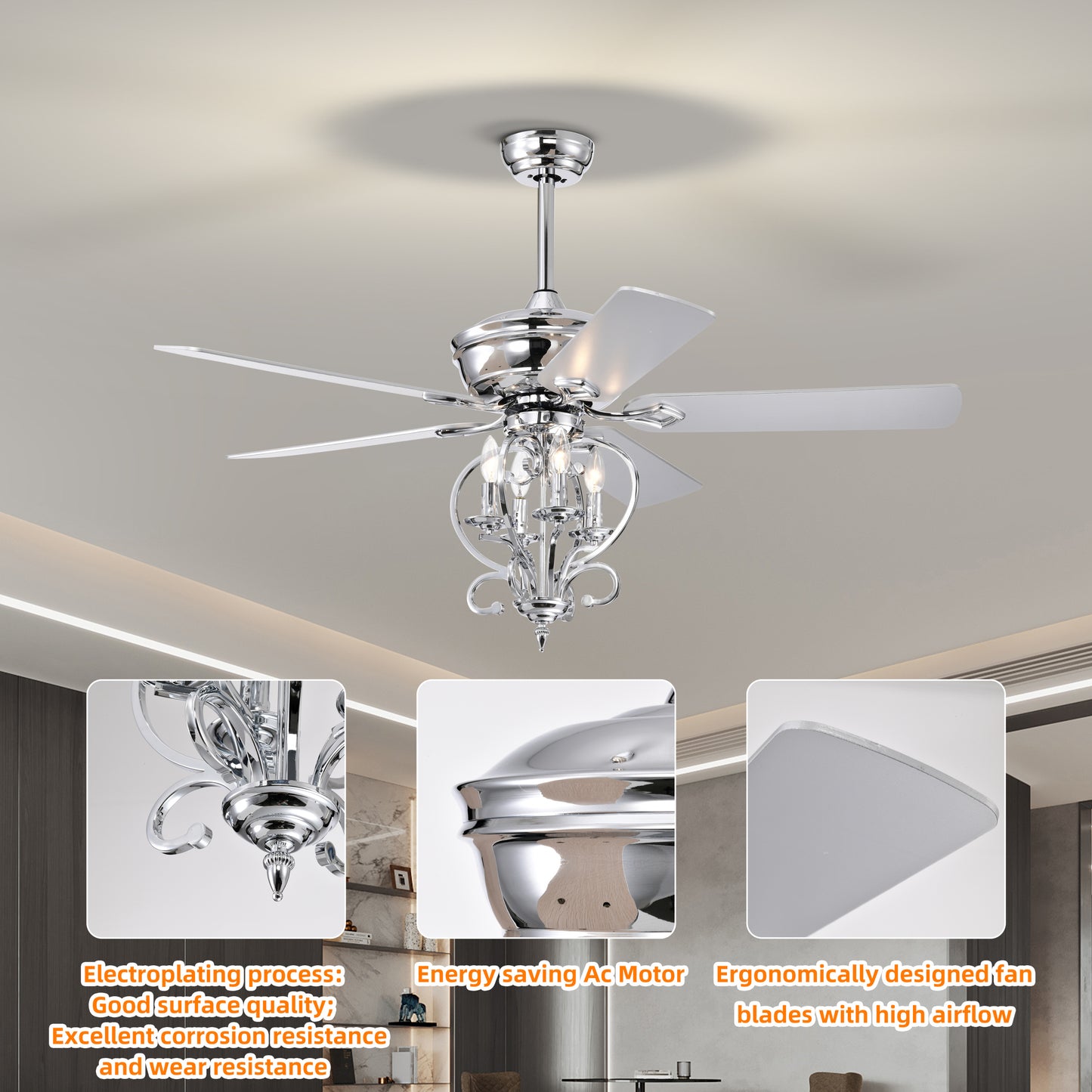 52-inch Silver Traditional Ceiling Fan with Reversible Airflow and Remote Control