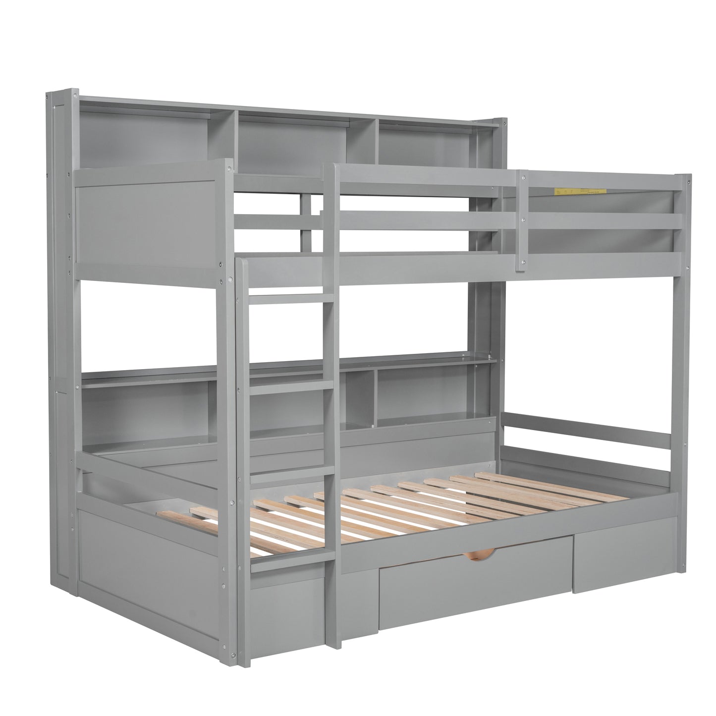 Twin Size Gray Bunk Bed with Storage Drawer and Built-in Shelves