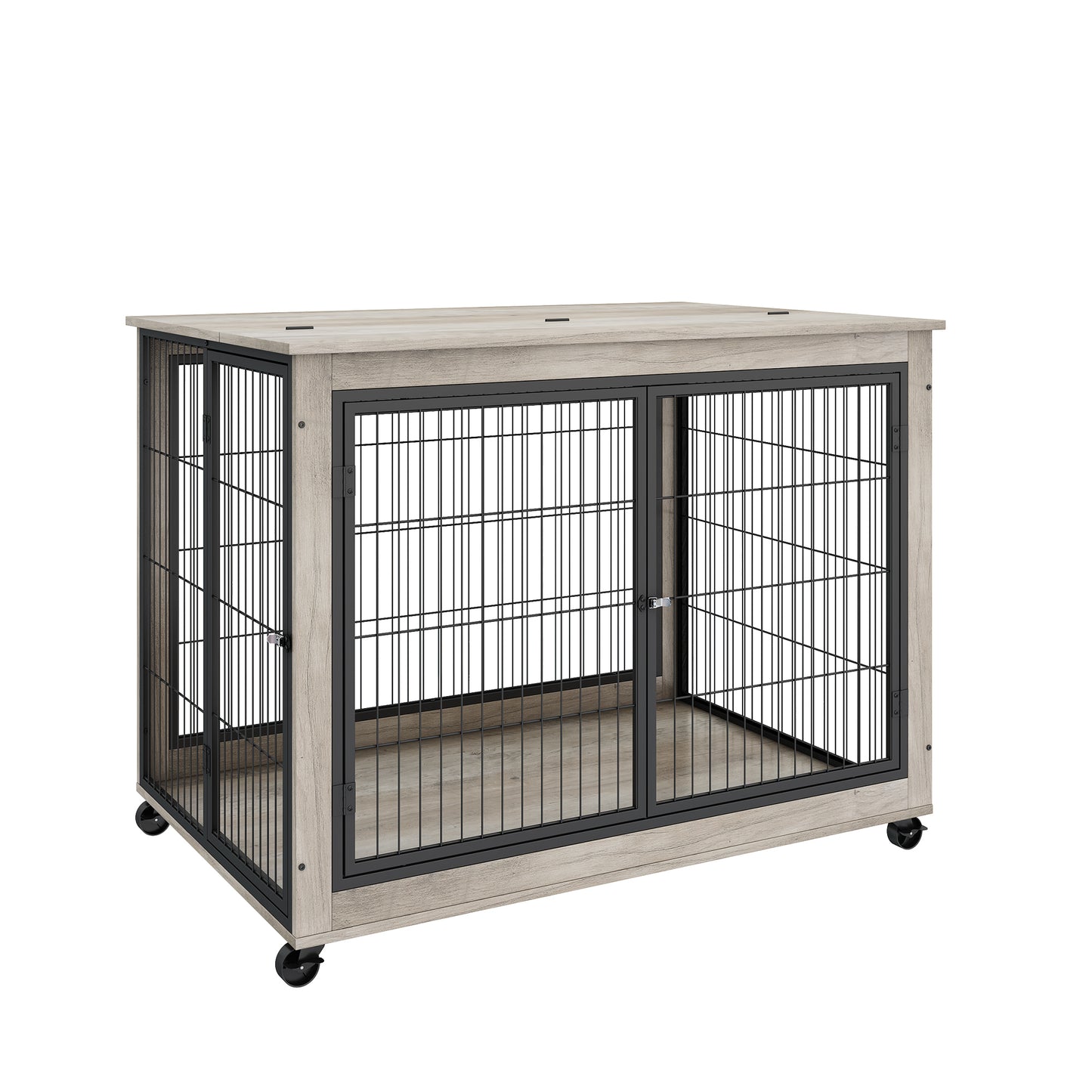 Furniture Style Dog Crate Side Table on Wheels with Double Doors and Lift Top. Grey, 43.7'' W x 30'' D x 31.1'' H.