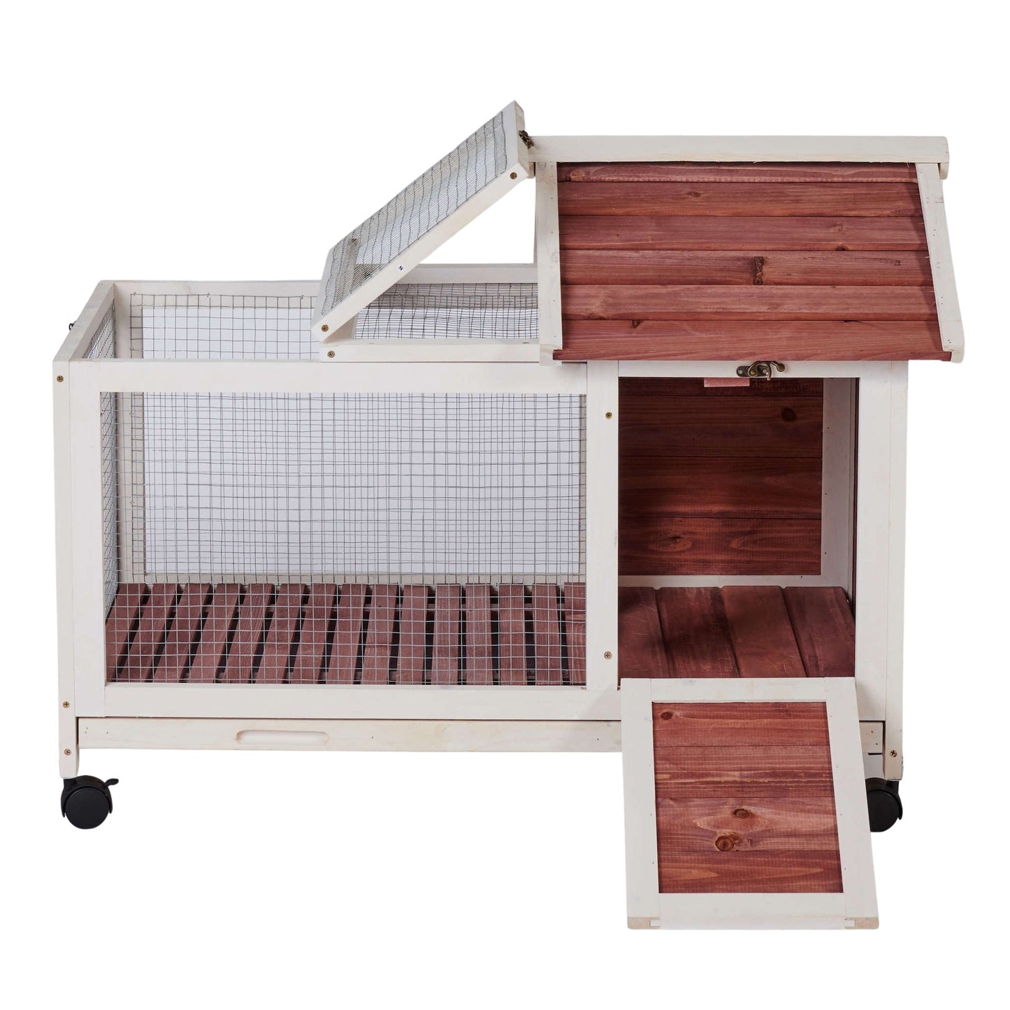 Wooden Rabbit Hutch 40.7" L x 23.4" W x 30" H, Bunny Cage with 4 Wheels, Auburn