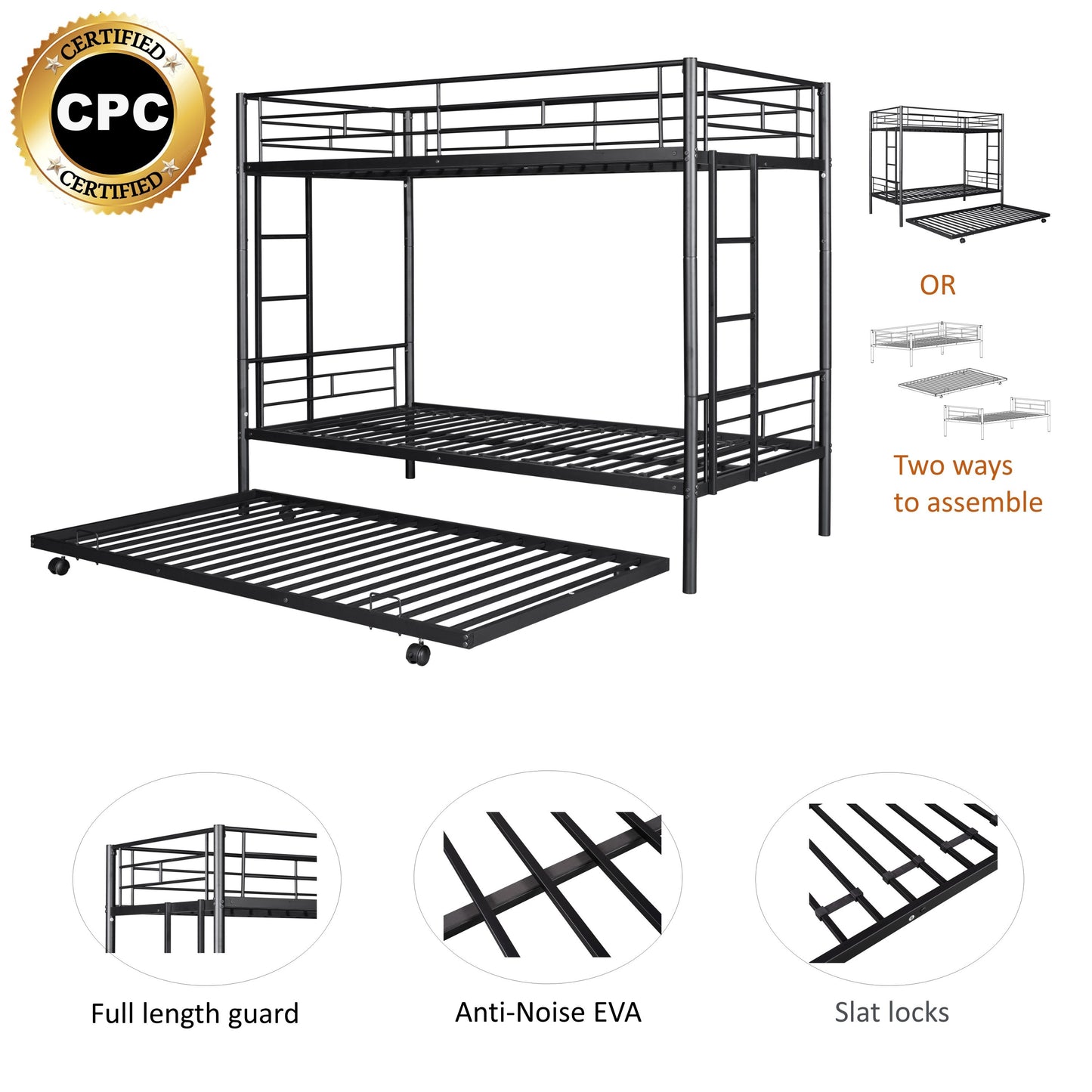 Metal Twin Bunk Bed with Trundle - Durable, Safe, and Quiet Sleep Haven