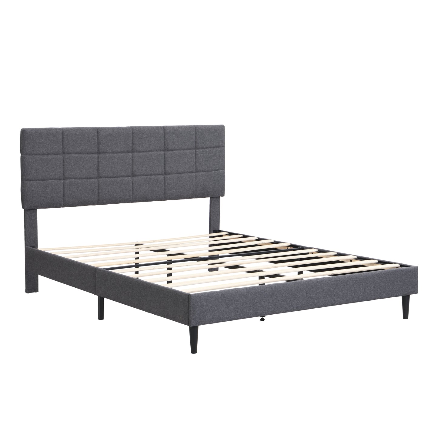 Full Size Platform Bed Frame with Fabric Upholstered Headboard and Wooden Slats, No Box Spring Needed/Easy Assembly, Grey