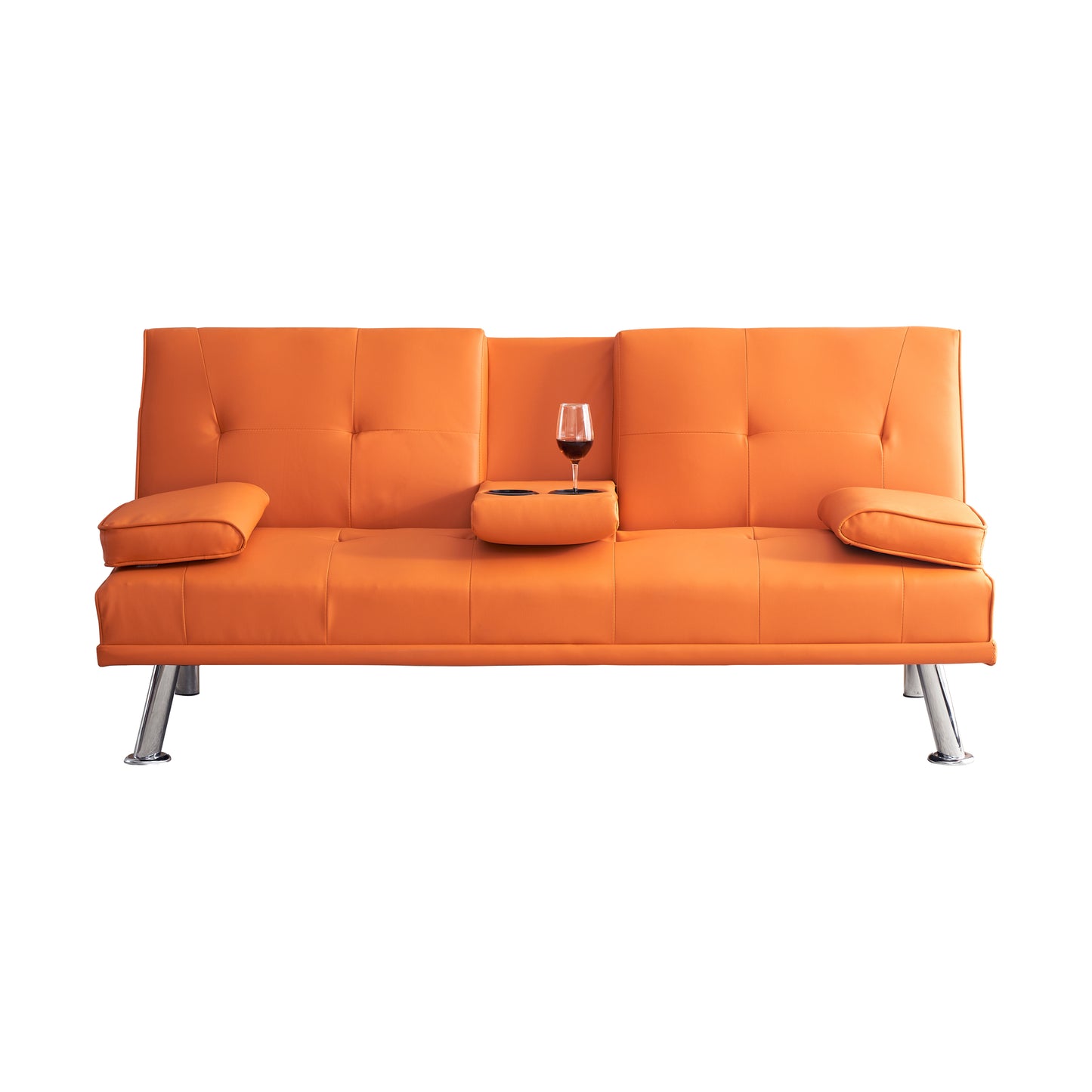 67 Orange Leather Multifunctional Double Folding Sofa Bed with Built-In Coffee Table