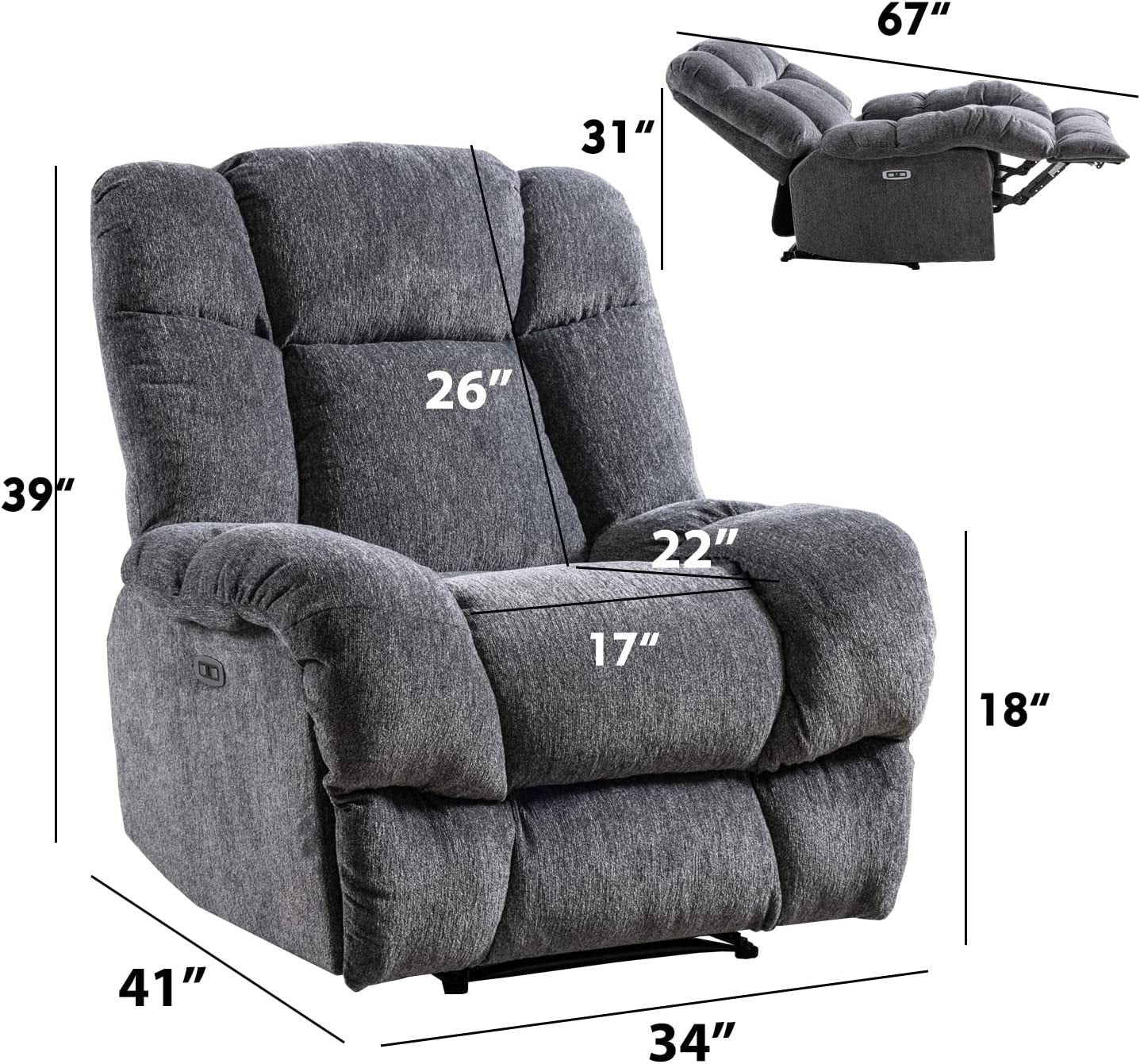 Dark Grey Electric Power Recliner Chair with USB Charge Port