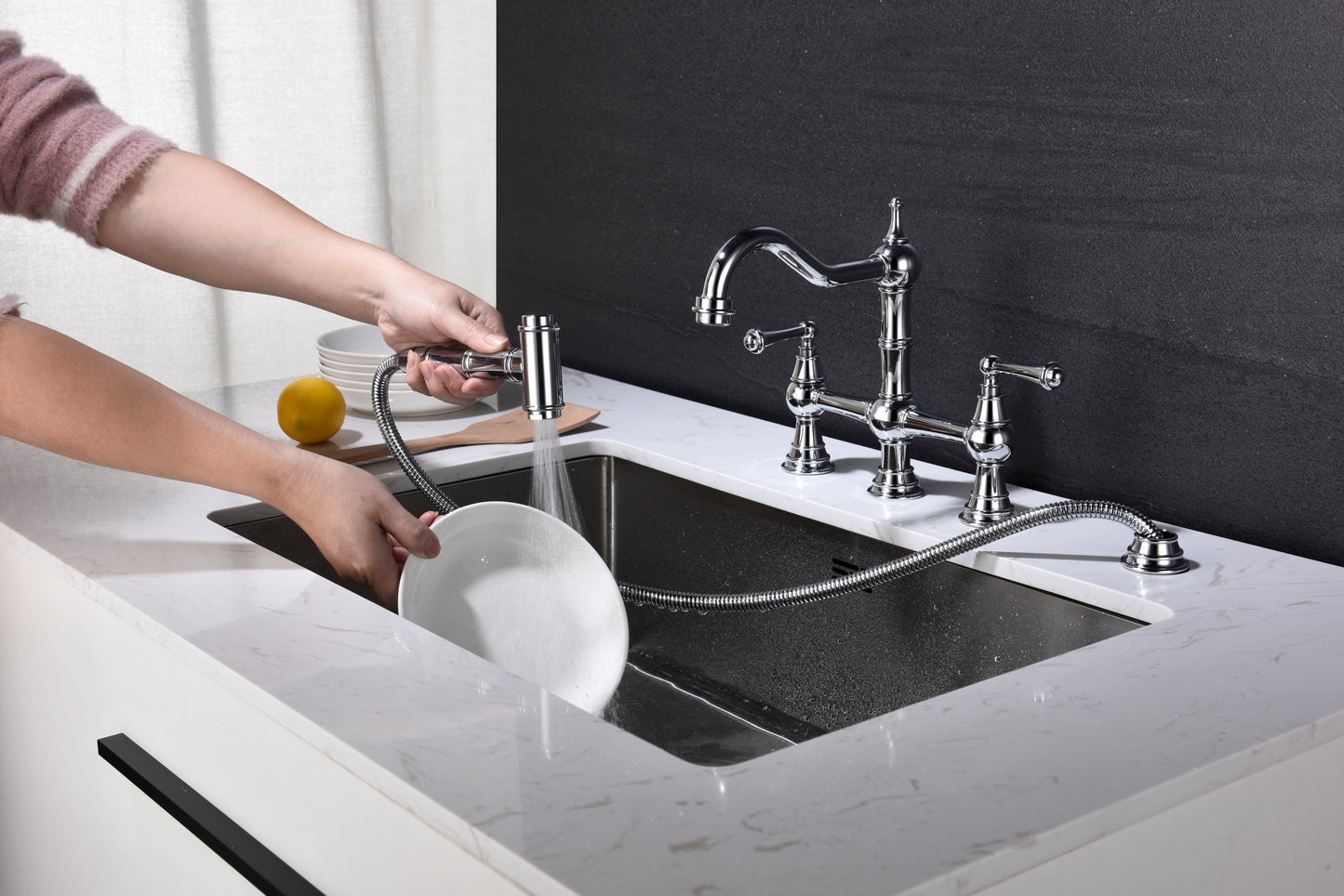 Bridge Dual Handles Kitchen Faucet With Pull-Out Side Spray in