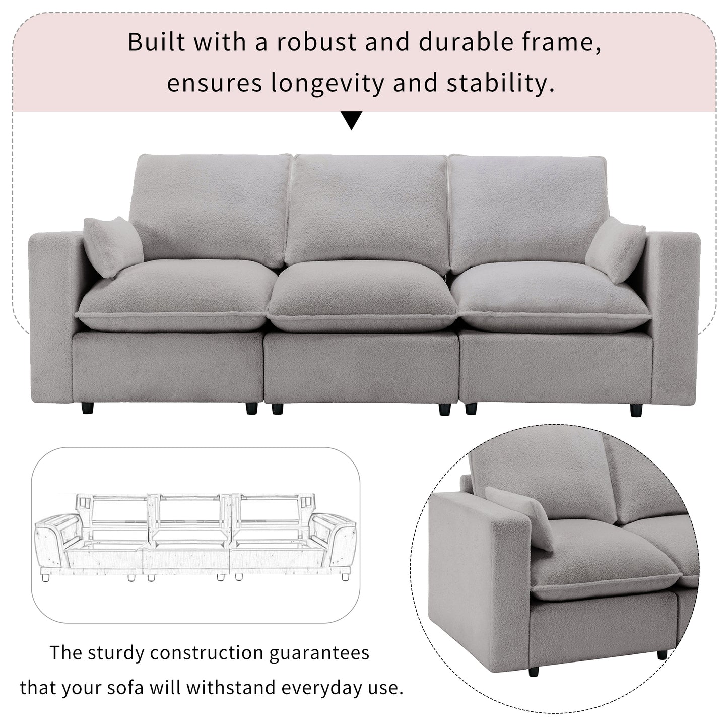 U_STYLE 3 Seat Sofa with Removable Back and Seat Cushions and 2 pillows,Teddy Fabric Couch for Living Room, Office, Apartment