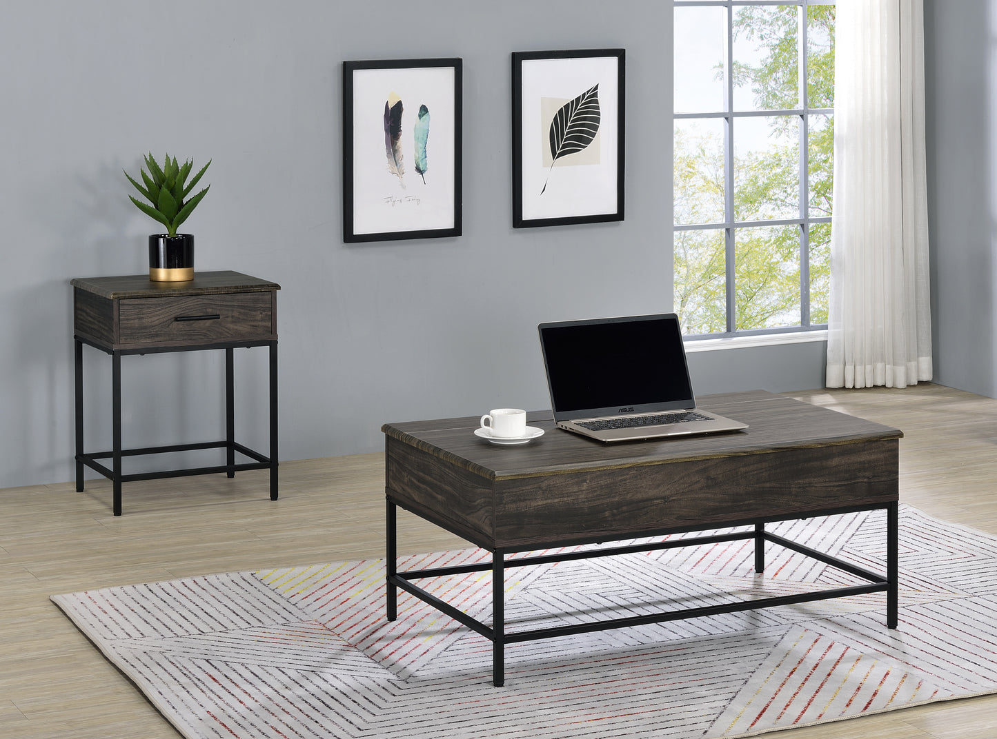 Brown MDF Lift Top Coffee and End Table Set with Beveled Edge Tabletop