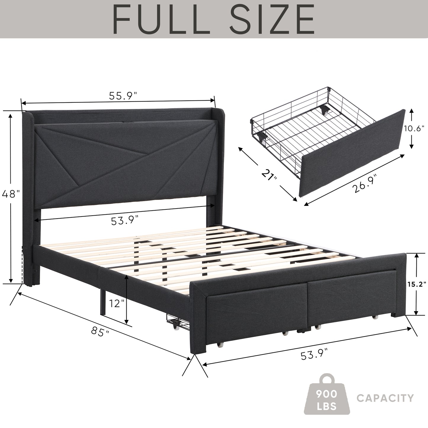 Full Size Bed Frame with 2 Storage Drawers, Upholstered Bed Frame with Wingback Headboard Storage Shelf Built-in USB Charging Stations and Strong Wood Slats Support, No Box Spring Needed, Dark Gray