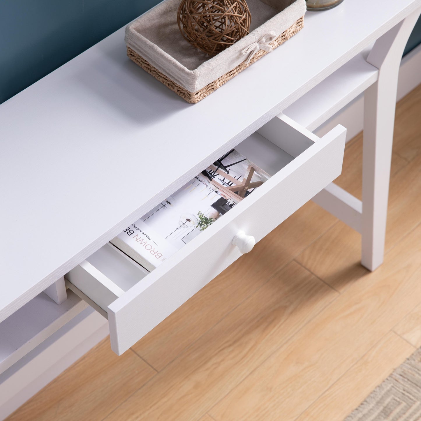 White Console Desk with Drawer and Side Shelves