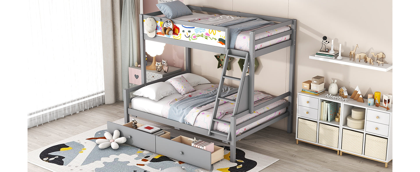 Grey Wood Twin over Full Bunk Bed with Whiteboard, 3 Hooks, and 2 Drawers - Innovative Storage Solution Twin over Full Bunk Bed