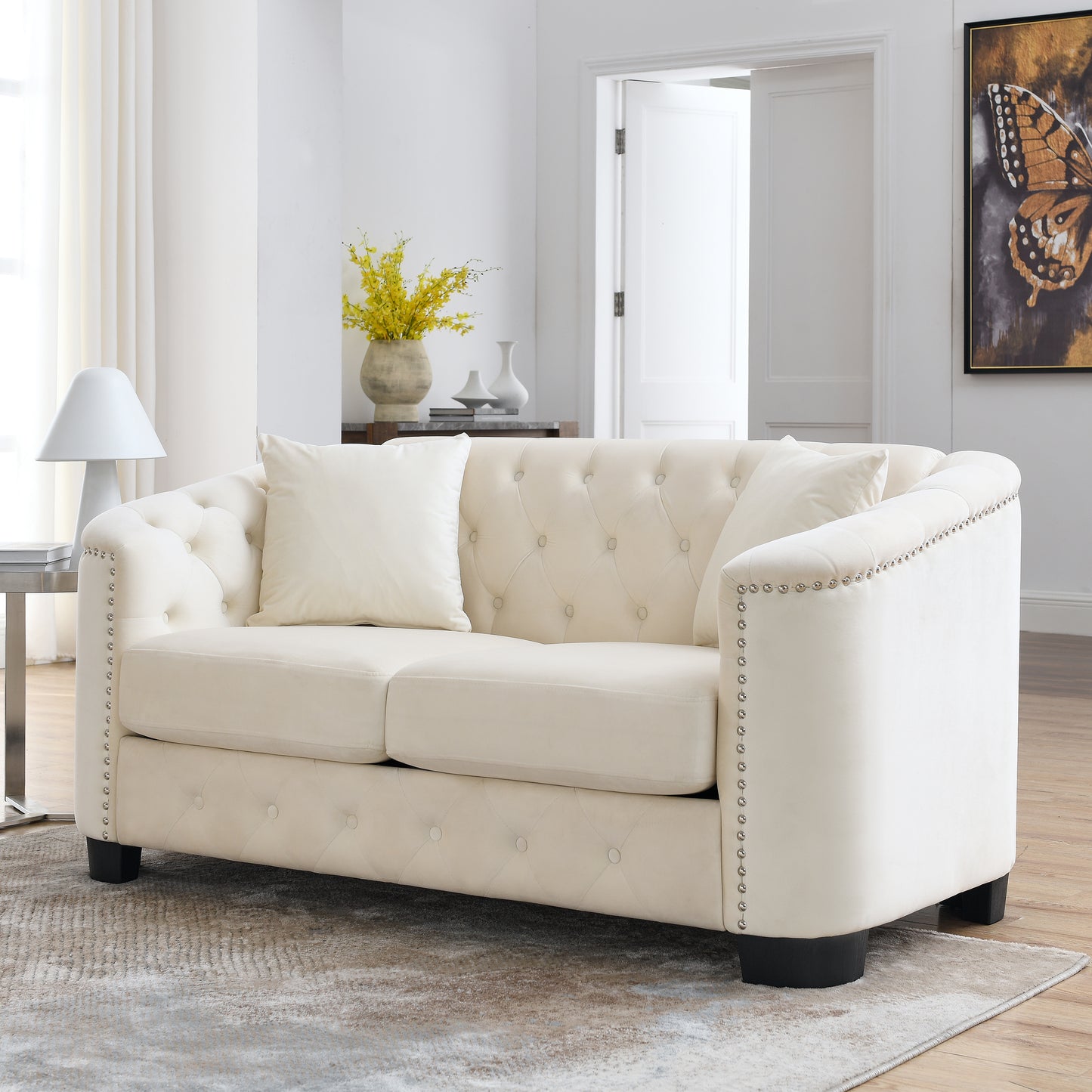 59-Inch Modern Chesterfield Velvet 2-Seater Sofa with Nailhead Arms and 2 Cushions