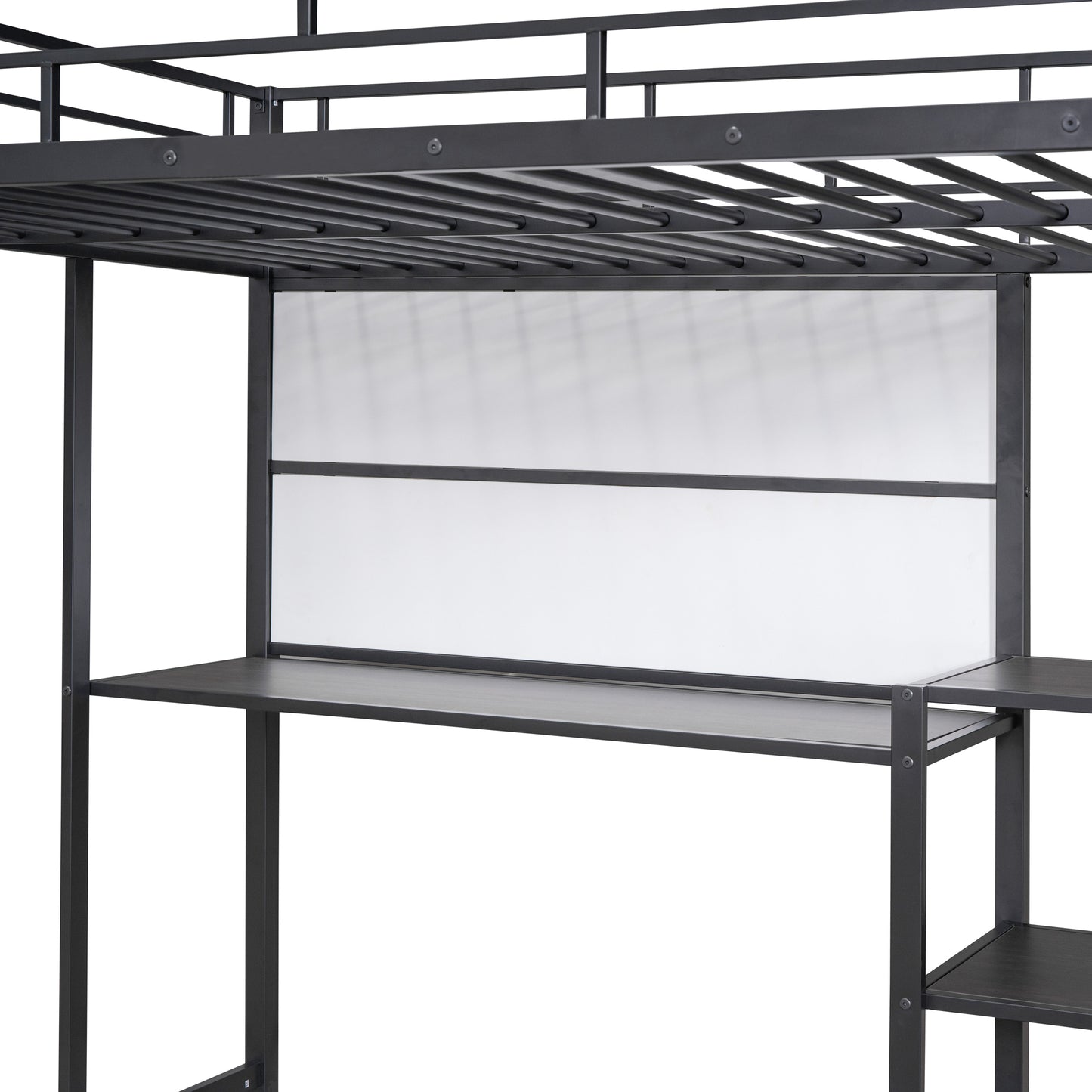 Full Size Loft Bed with Desk and Whiteboard, Metal Loft Bed with 3 Shelves and Ladder, Black