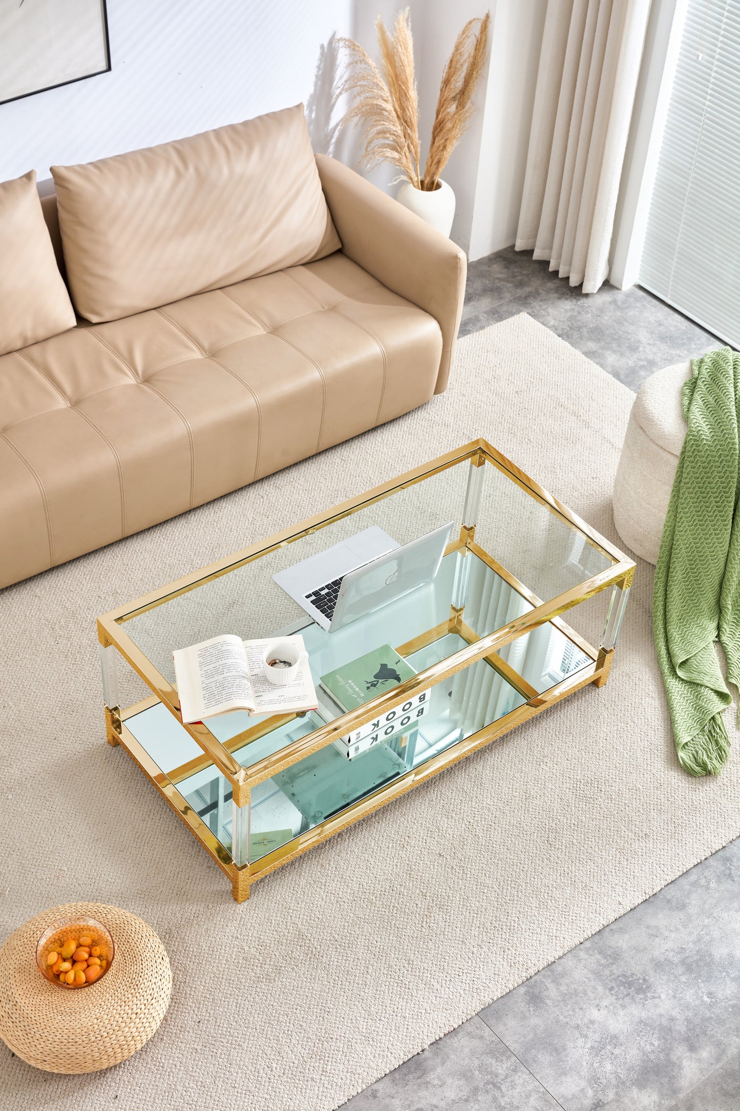 Gold Stainless Steel Coffee Table With Clear Glass Top and Acrylic Frame