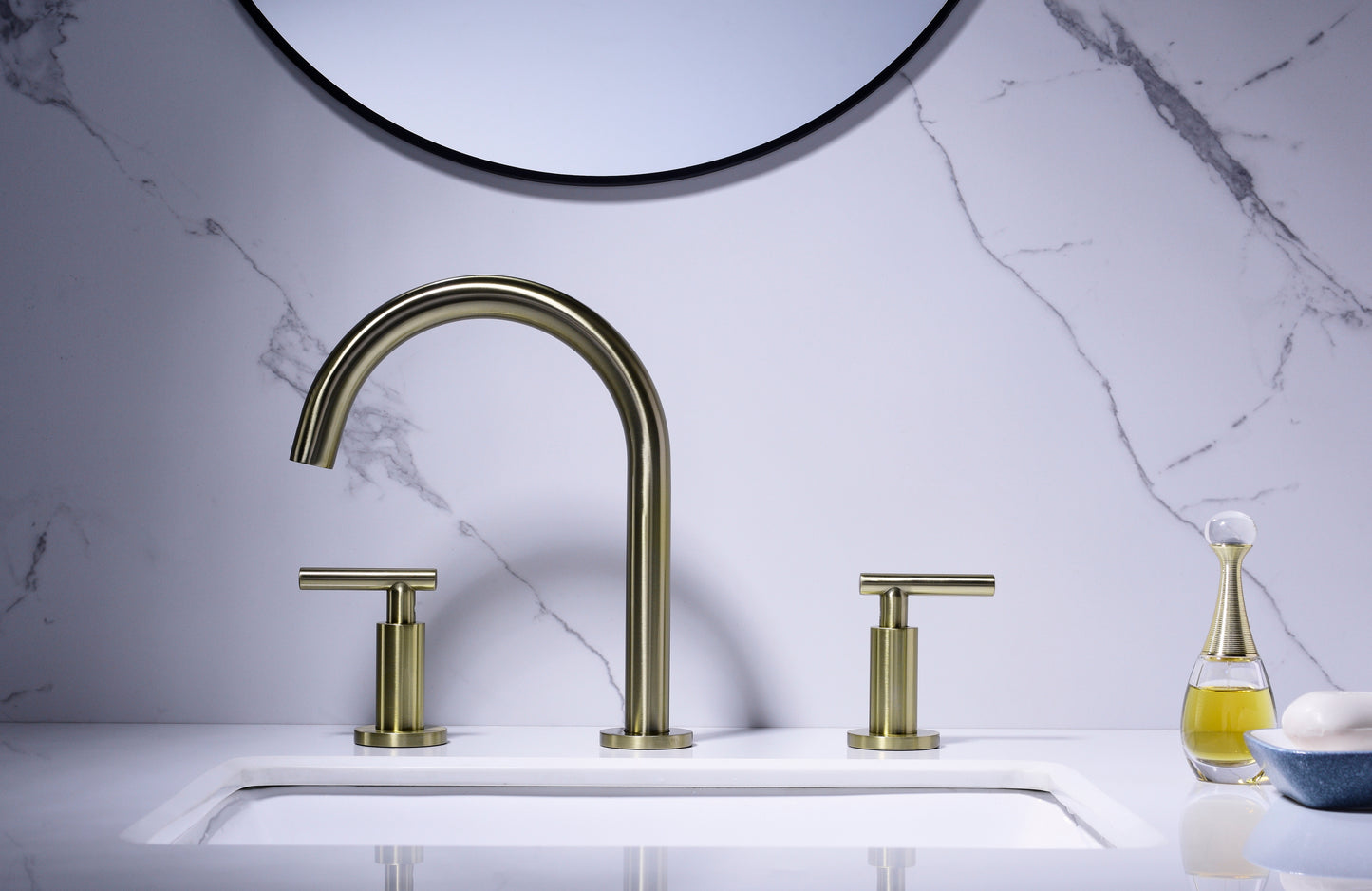 Gold High Arc 3-Hole Widespread Bathroom Sink Faucet with Rotatable Spout