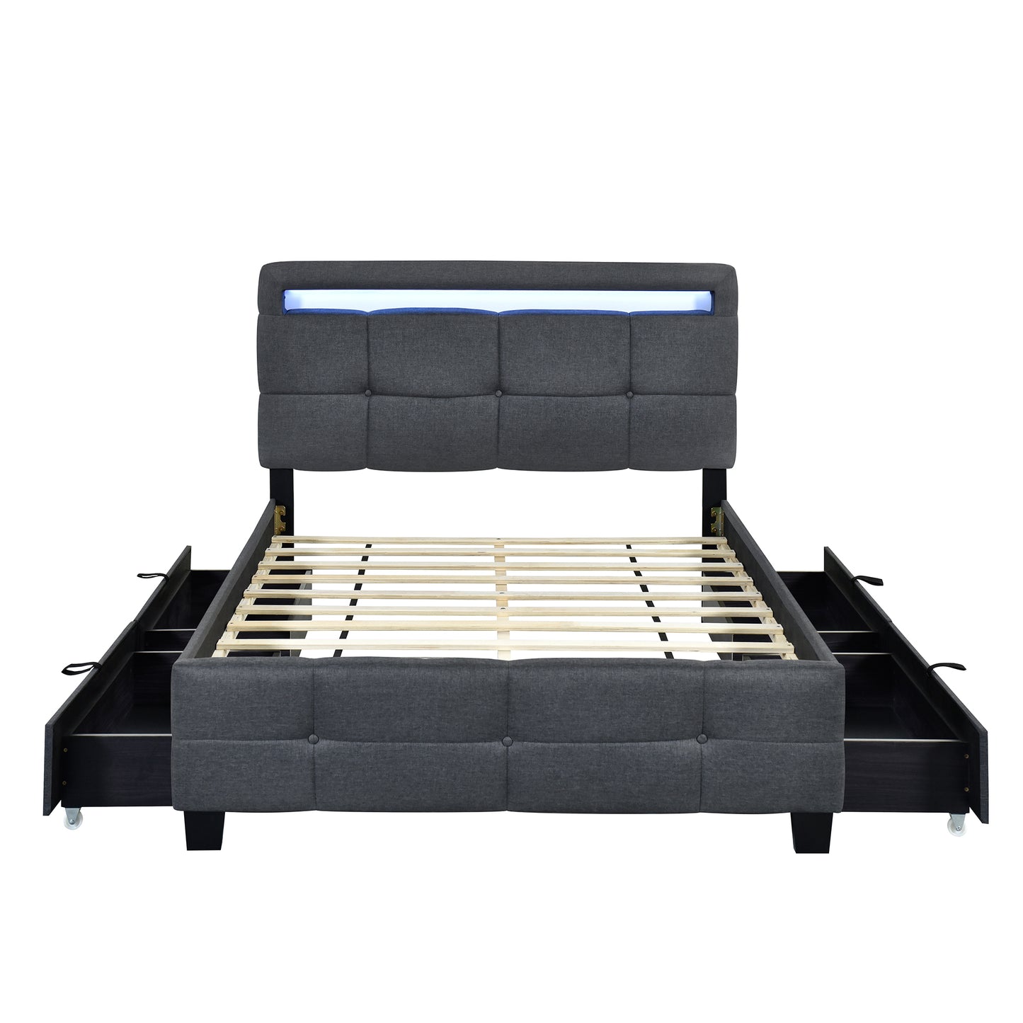 Full Size Upholstered Platform Bed with LED Frame and 4 Drawers, Linen Fabric, Gray