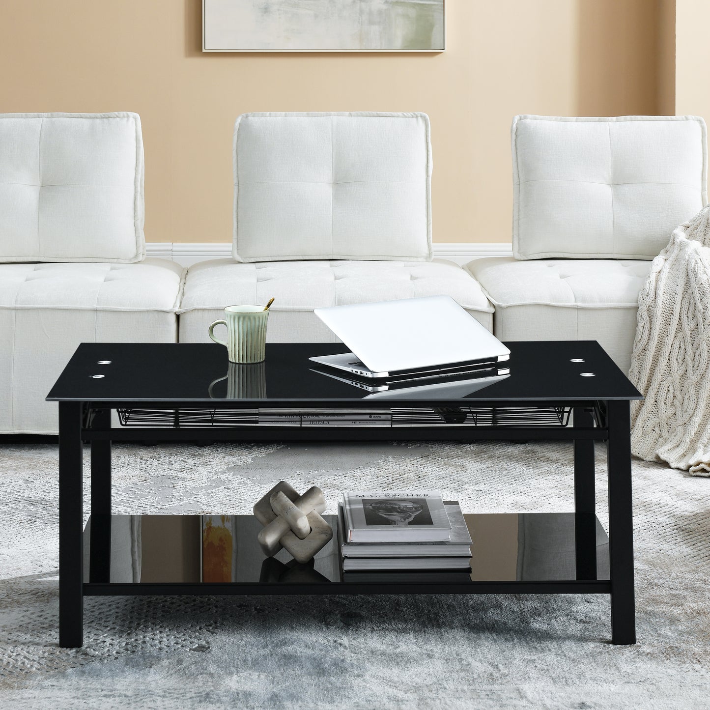 Black Lift Coffee Table with Hidden Storage Shelves and Tempered Glass Top Dining Table