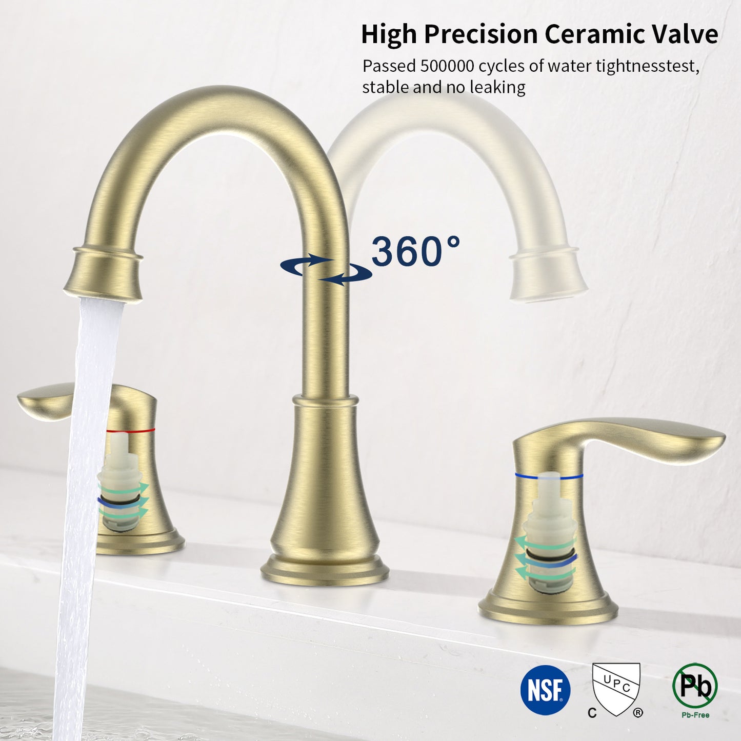 360° Swivel Brushed Gold 2-Handle Widespread Lavatory Faucet