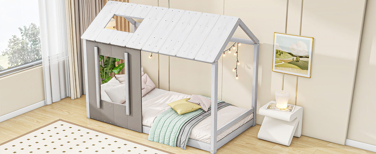 Twin Size House Platform with Roof and Window, White+Antique Grey(: WF294130AAE)