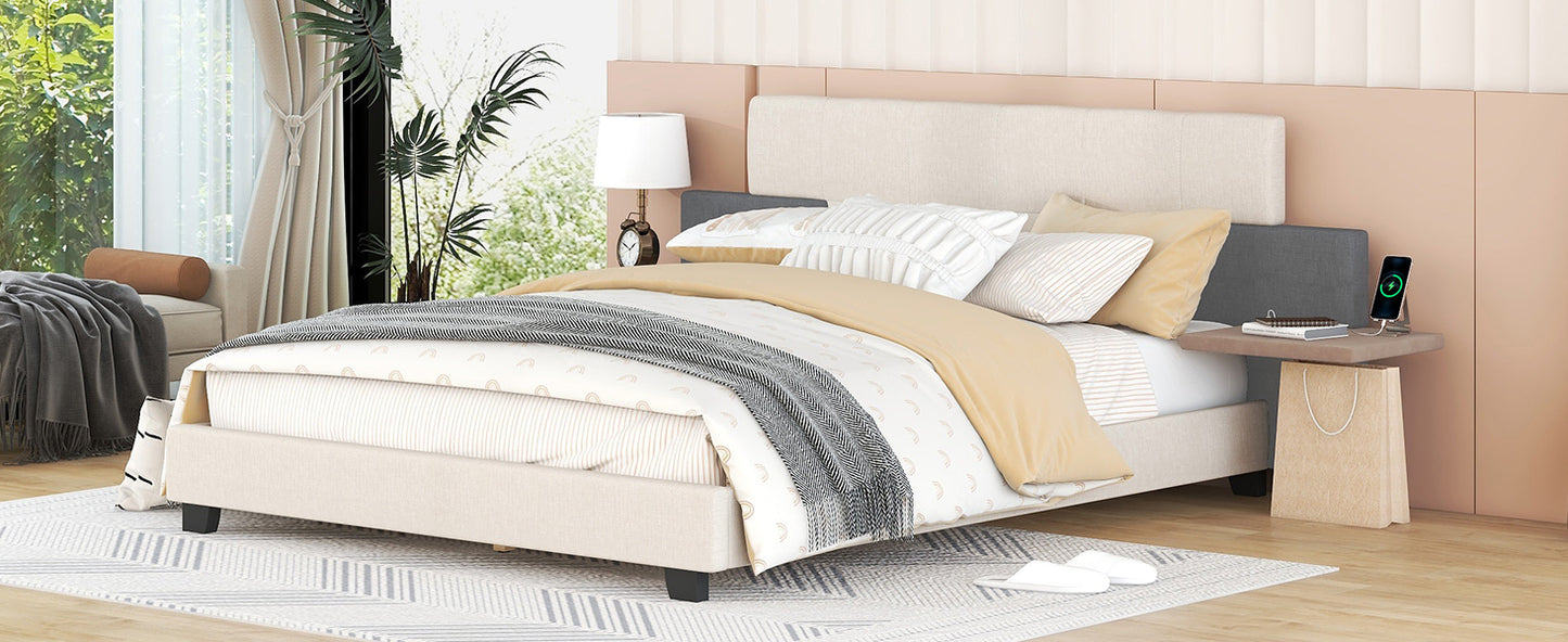 Queen Size Upholstered Platform Bed with Bedside Shelves and USB Charging Design, Beige+Gray