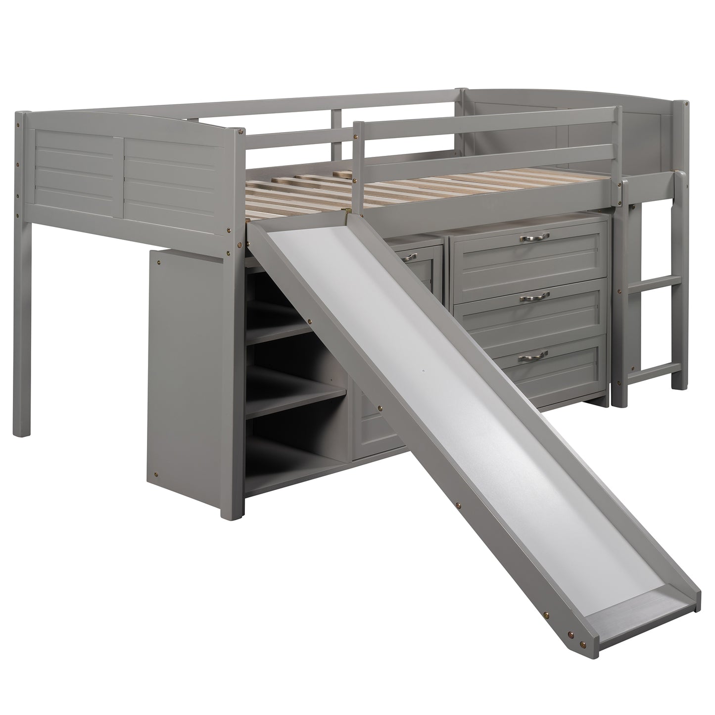 Low Twin Size Loft Bed with Cabinets, Shelves and Slide - Gray