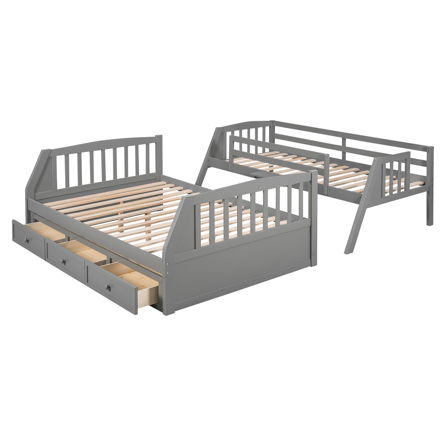 Gray Twin-Over-Full Bunk Bed with Storage Staircase, Ladder, and Drawers