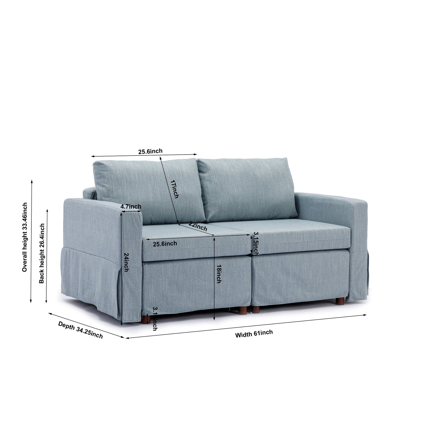 Light Blue 2 Seat Sectional Sofa Set with Ottoman and Removable Washable Cushions