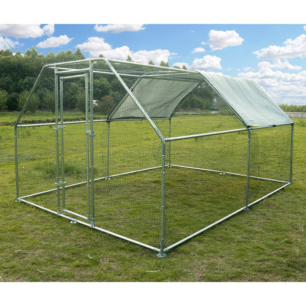 Metal Large Chicken Coop Walk-in Poultry Cage Large Chicken Run Flat Shaped Cage with Waterproof Anti-UltravioletCover, 1.26" Diameter Tube (9.8' L x 13.1' W x 6.4' H)